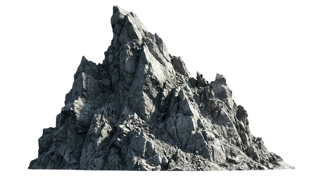 白い背景から切り抜かれた険しい岩山の孤立した画像。鋭い頂上と複雑な岩肌のテクスチャが特徴的な、自然の造形美を感じさせる巨大な岩塊のクローズアップ。デザイン素材や合成用として使いやすい、高精細でリアルな質感を持つ山岳の断片。