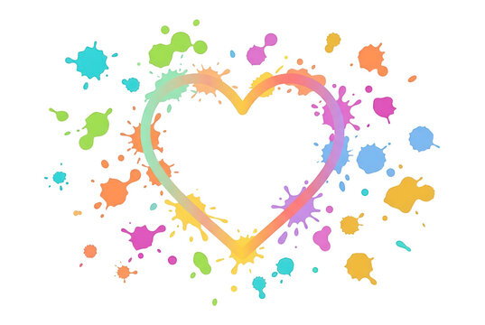 Illustrazione vettoriale di un cuore colorato circondato da macchie di vernice vivaci e schizzi multicolori su sfondo bianco, simbolo di amore, creativit&agrave;, gioia e diversit&agrave; per design grafici.