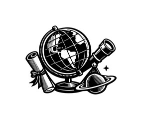 Vintage illustration of a globe, telescope, diploma, and planet Saturn © Compositor 