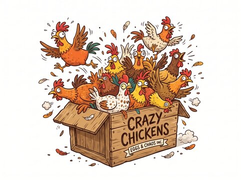 Funny cartoon chickens jumping out of wooden box in chaos. Crazy poultry birds flying with feathers. Humor farm concept for greeting card, sticker and t-shirt print design.