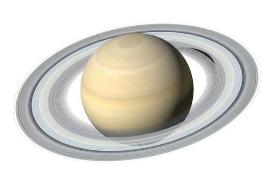 Rappresentazione realistica del pianeta Saturno con i suoi caratteristici anelli planetari su sfondo bianco isolato, ideale per progetti di astronomia, educazione scientifica e grafica spaziale.