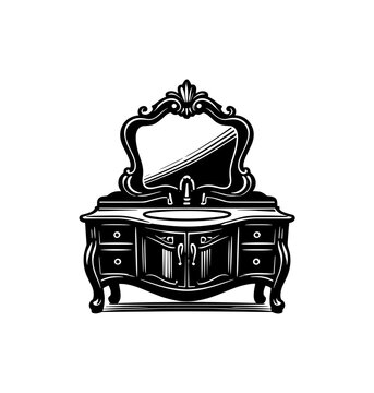 Elegant antique vanity with ornate mirror and sink, black and white illustration