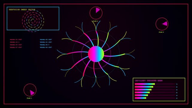 Displaying complex biometric telemetry data on a dark screen interface with glowing radial graphs and shifting metrics shown in a looping motion sequence