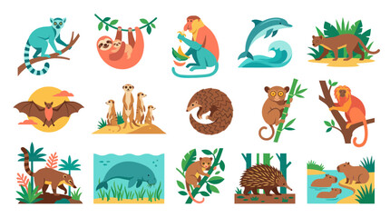 Obraz premium Wild Mammals Flat Vector Illustration Set. Nature, Wildlife, Zoo Animals Collection, Cartoon Style Icons