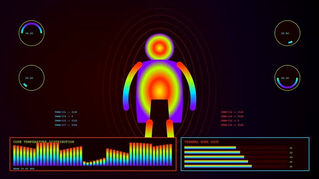 Displaying biometric telemetry and human thermal diagnostics in a simulated medical screen environment for clinical monitoring of body heat patterns during a real time scan