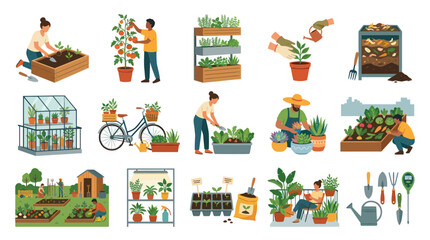 Fototapeta premium Gardening Horticulture Flat Illustration: People Planting, Growing Vegetables, Tools Elements
