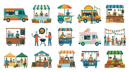 Naklejka premium Diverse Food Trucks and Stalls at Outdoor Market Festival Flat Vector