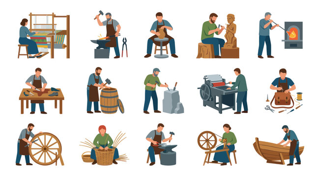 Traditional Craftsmen and Artisans Working Flat Design Vector Illustration