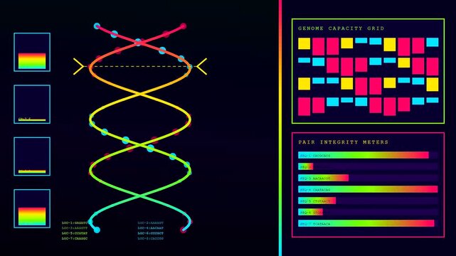 Digital biometric telemetry monitoring displaying complex double helix dna patterns with evolving color grids and changing integrity bar charts on dark screen for medical data analysis