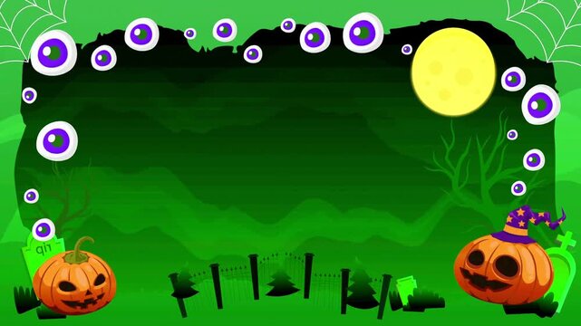 Creepy eyes and pumpkins decorating a green halloween border frame around a dark center copy space.