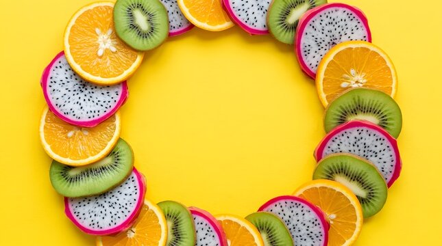 Colorful Fruit Flat Lay Border of Sliced Oranges Kiwi and Dragon Fruit on Yellow Background for Healthy Eating Concepts