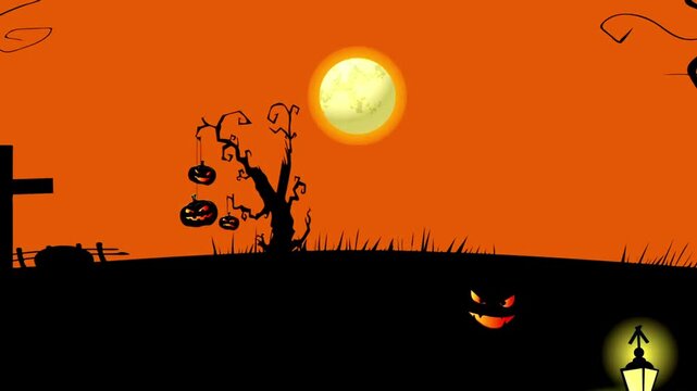 Spooky pumpkins with glowing evil faces appearing in a cemetery under a full moon on orange backdrop.