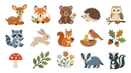 Obraz premium Cute Woodland Forest Animals Nature Elements Flat Vector Illustration Set for Kids Education