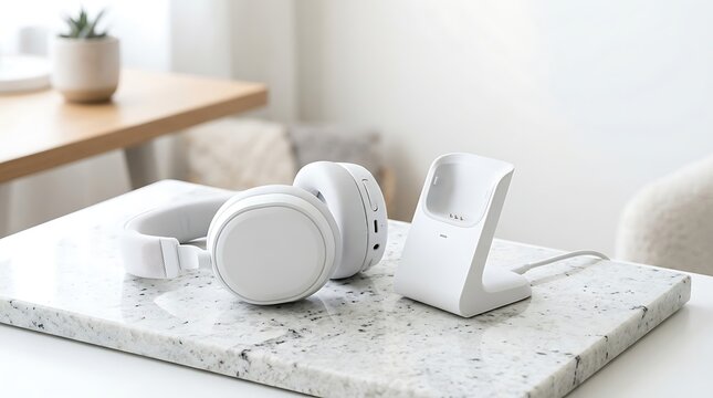 White Wireless Headphones and Charging Dock on Marble Table