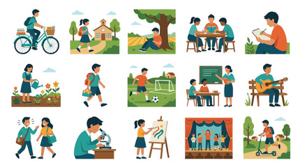 Fototapeta premium Flat Vector Illustration of School Life and Education Scenes with Students Learning and Playing