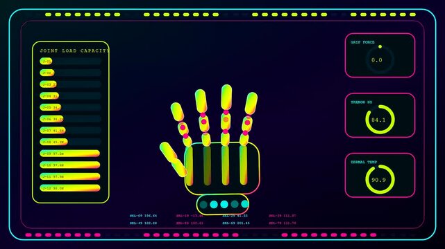 Displaying biometric telemetry on a digital interface showing a mechanical hand skeleton with fluctuating sensor bars and circular status dials captured during a monitoring sequence