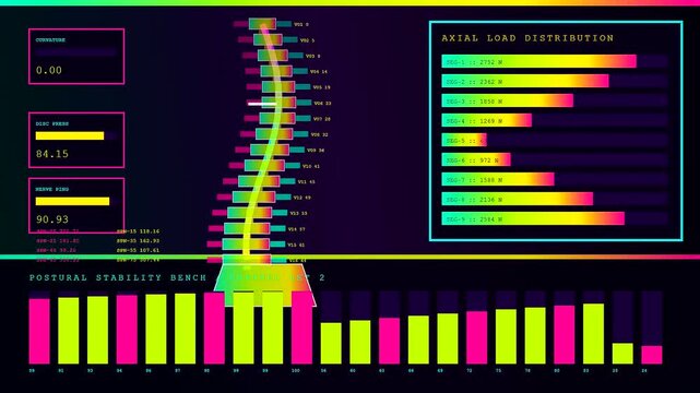 the complex digital dashboard displaying biometric telemetry data visualizes spine health metrics through fluctuating bar charts and colorful graphical analytical curves on a dark monitor screen