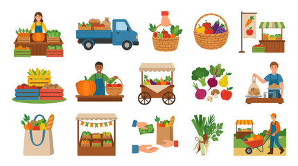 Fototapeta premium Farmers Market Vector Pack: Fresh Produce, Stalls, Truck, People - Flat Style