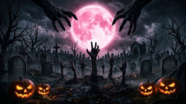 Spooky zombie hand reaching out from a grave in a graveyard under a full pink moon, with glowing jack-o'-lantern pumpkins and dark trees on Halloween night.