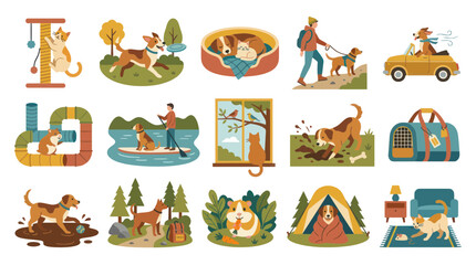 Fototapeta premium Flat Vector Pet Lifestyle Illustrations: Dogs, Cats, Hamsters, and Owners Engaged in Daily Activities