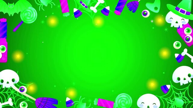 Green halloween frame animation featuring cute skulls candy witch hats and brooms around copy space.