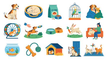 Fototapeta premium Flat Design Pet Care Elements and Icons Set. Cute Domestic Animals, Food, Toys, and Accessories Collection