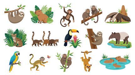 Fototapeta premium Cute Amazon Rainforest Animals Flat Vector Illustration Set for Wildlife and Nature Education