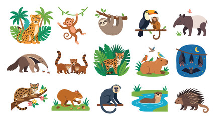 Fototapeta premium Cute Flat Design Vector Illustration of Amazon Rainforest Animals and Tropical Wildlife Set
