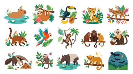 Fototapeta premium Cute Flat Illustration of Diverse Rainforest Animals Collection: Sloth, Toucan, Monkeys, Jaguar, Anteater More