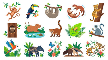 Fototapeta premium Flat Illustration of Diverse Tropical Animals in Vibrant Jungle - Wildlife Nature