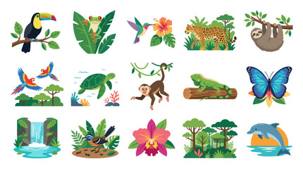 Obraz premium Tropical Wildlife and Nature Vector Set: Toucan, Monkey, Sloth, Butterfly, Dolphin