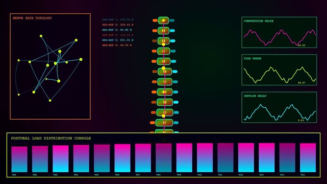 Digital displays showing biometric telemetry in a laboratory setting with oscillating line graphs and bar charts illustrating data flow through a complex neural network interface