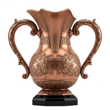 Elegancki, miedziany puchar z ozdobnymi grawerami i dwoma uchwytami, osadzony na solidnej czarnej podstawie, wyizolowany na białym tle, idealny jako trofeum sportowe lub dekoracyjny element wnętrza.