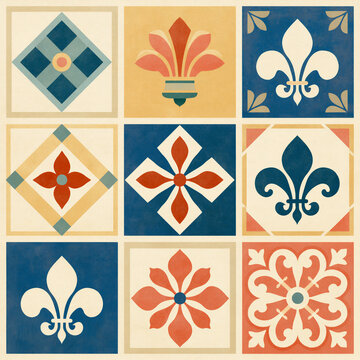 Seamless decorative background showing a variety of square tiles with traditional fleur de lis, floral, and geometric patterns