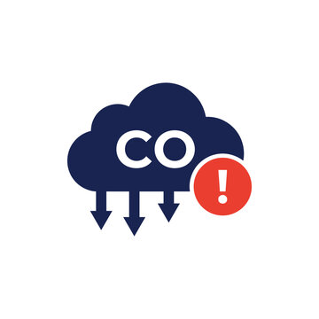 A flat vector illustration showing a dark cloud with CO text and a red warning alert sign representing carbon monoxide gas danger