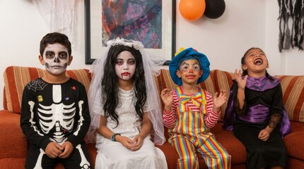 Obraz premium Group of cute kids in funny Halloween costumes and spooky face paint sitting on sofa together at home