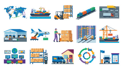 Fototapeta premium Flat Design Logistics and Supply Chain Icons Set. Global Transportation, Warehousing, and Delivery Elements.