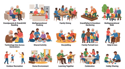 Naklejka premium Flat Vector Illustration of Intergenerational Family Activities Lifestyle Scenes.