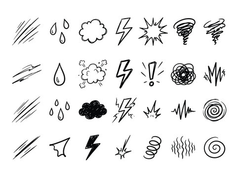 Comic Sound Effects and Action Elements Collection with Lightning Storm Clouds and Explosive Bursts
