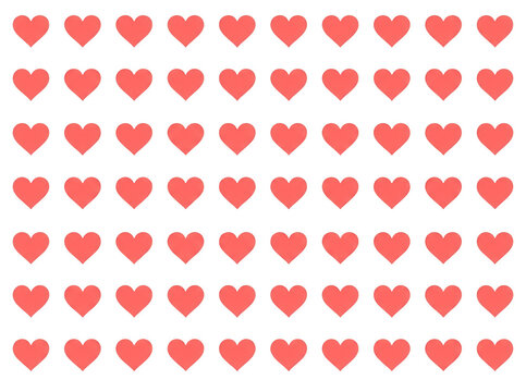 Wz&oacute;r z powtarzającymi się czerwonymi sercami ułożonymi w r&oacute;wnych rzędach na czystym białym tle, idealny jako romantyczne tło, papier prezentowy lub element dekoracyjny do projekt&oacute;w graficznych.