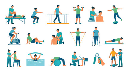 Fototapeta premium Physical therapy flat vector illustration set, rehabilitation exercises