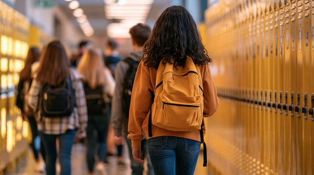 Students walk through a bright school hallway with yellow lockers while carrying backpacks and chatting with friends Generative AI