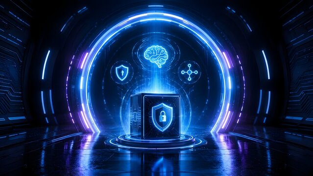 Futuristic glowing digital cube with cybersecurity shield padlock and artificial intelligence brain hologram in high tech server room.
