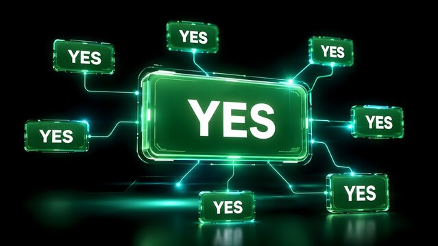 Futuristic glowing green yes buttons connected by digital circuit lines representing positive consensus and approval concept.