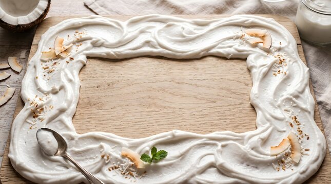 Coconut cream rippled around wide recipe copy space