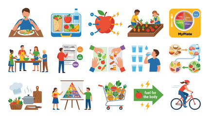 Fototapeta premium Flat Vector Illustrations of Healthy Eating, Nutrition, and Active Lifestyle Concepts