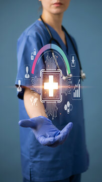Doctor using futuristic digital health interface with circuit board design on stethoscope