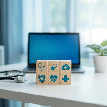 Modern medical laptop with healthcare icons on desk next to stethoscope