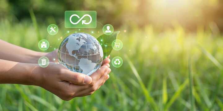 Hands holding transparent globe with sustainability icons in green grass field