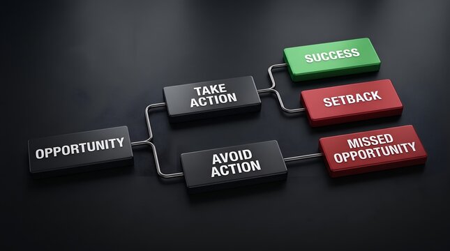 Business Decision Tree Flowchart Diagram with Opportunity, Action Blocks, Success, Setback, and Missed Opportunity Outcomes